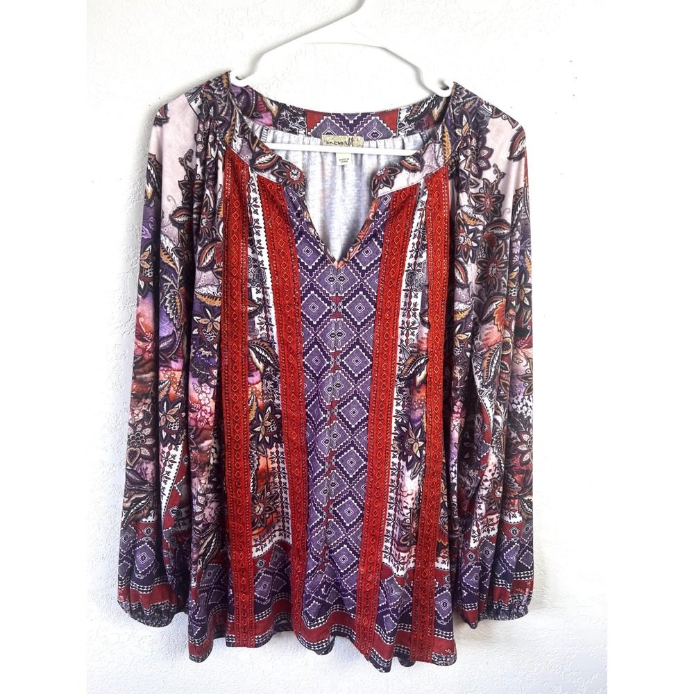 One World Floral Embroidered Long‎ Sleeve Tunic Size Large Boho Purple Orange